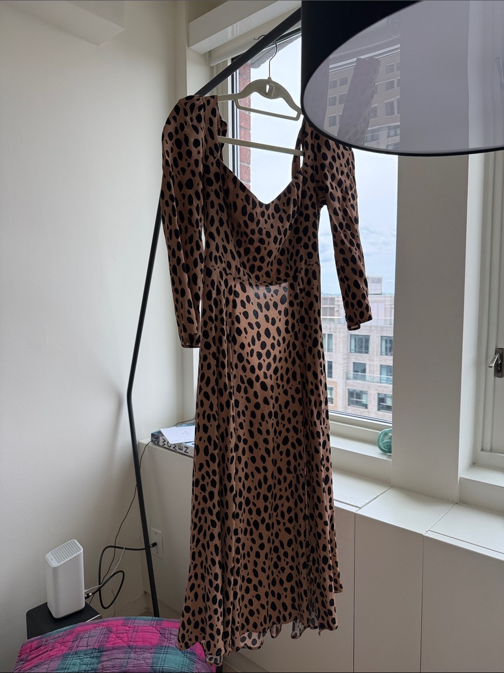 Reformation Brown and Black Leopard Print Long Sleeve Midi Dress